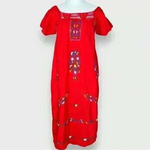 Mexican embroidered cotton dress red multicolored with lace neckline Size S